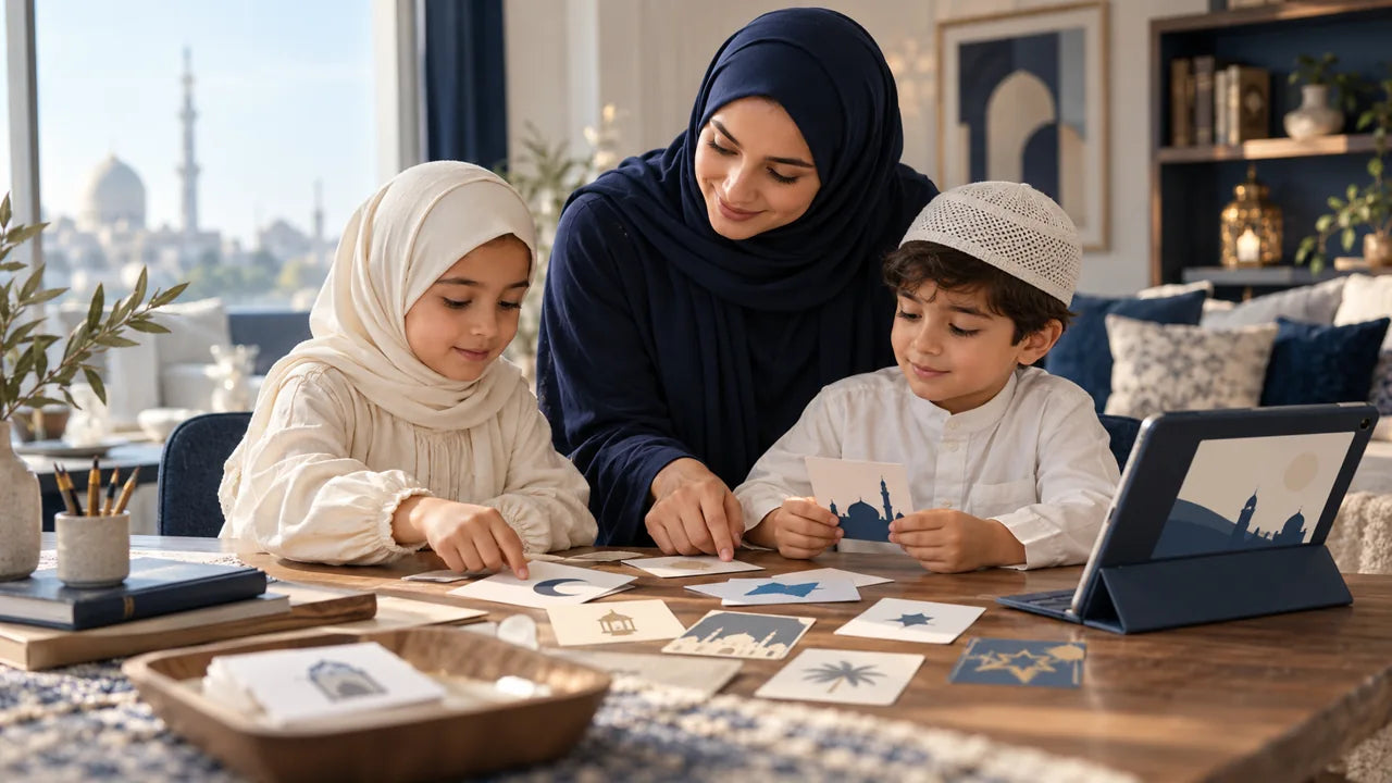 Illustrative scene of a Muslim family learning together