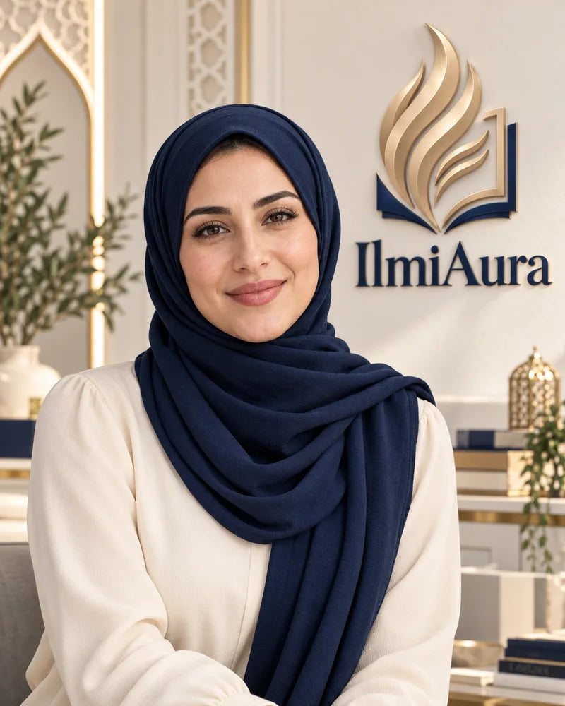 Illustrative IlmiAura brand portrait in a branded studio