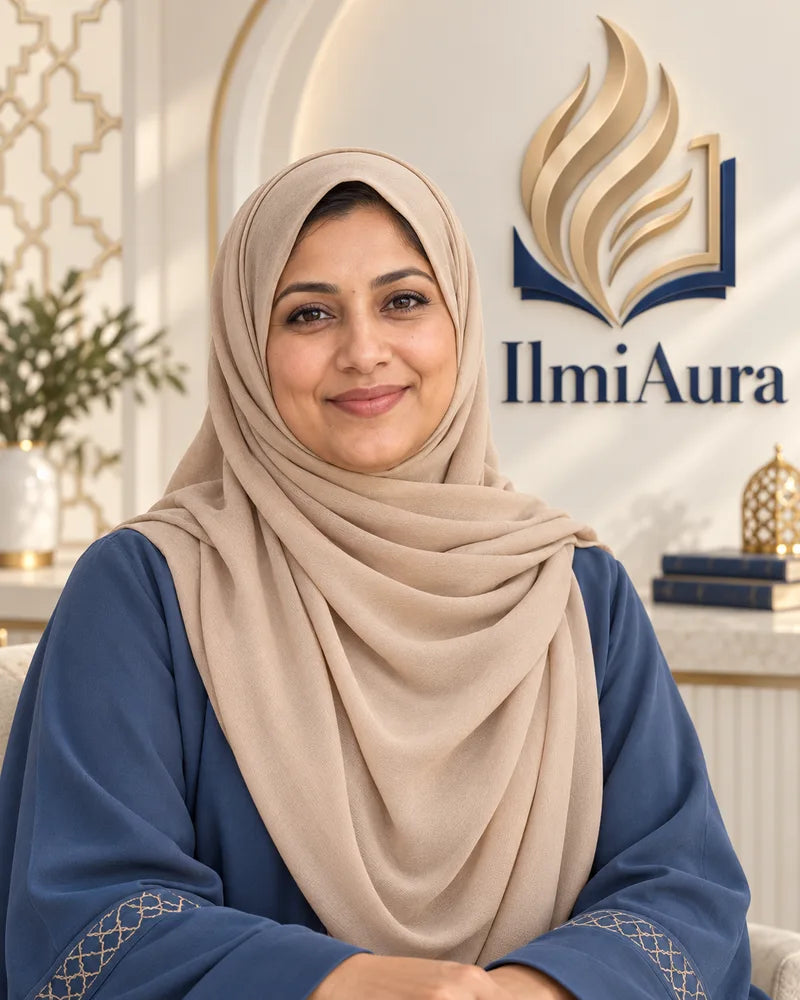 Illustrative IlmiAura brand portrait in a branded studio