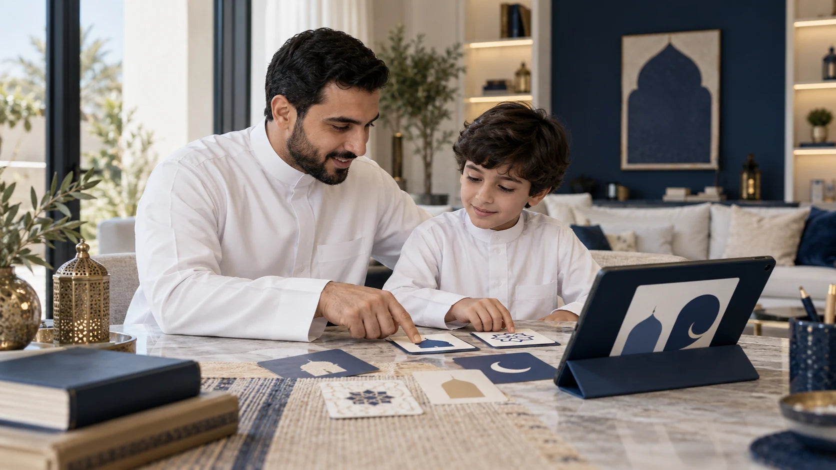 Arab father and son exploring Islamic learning cards