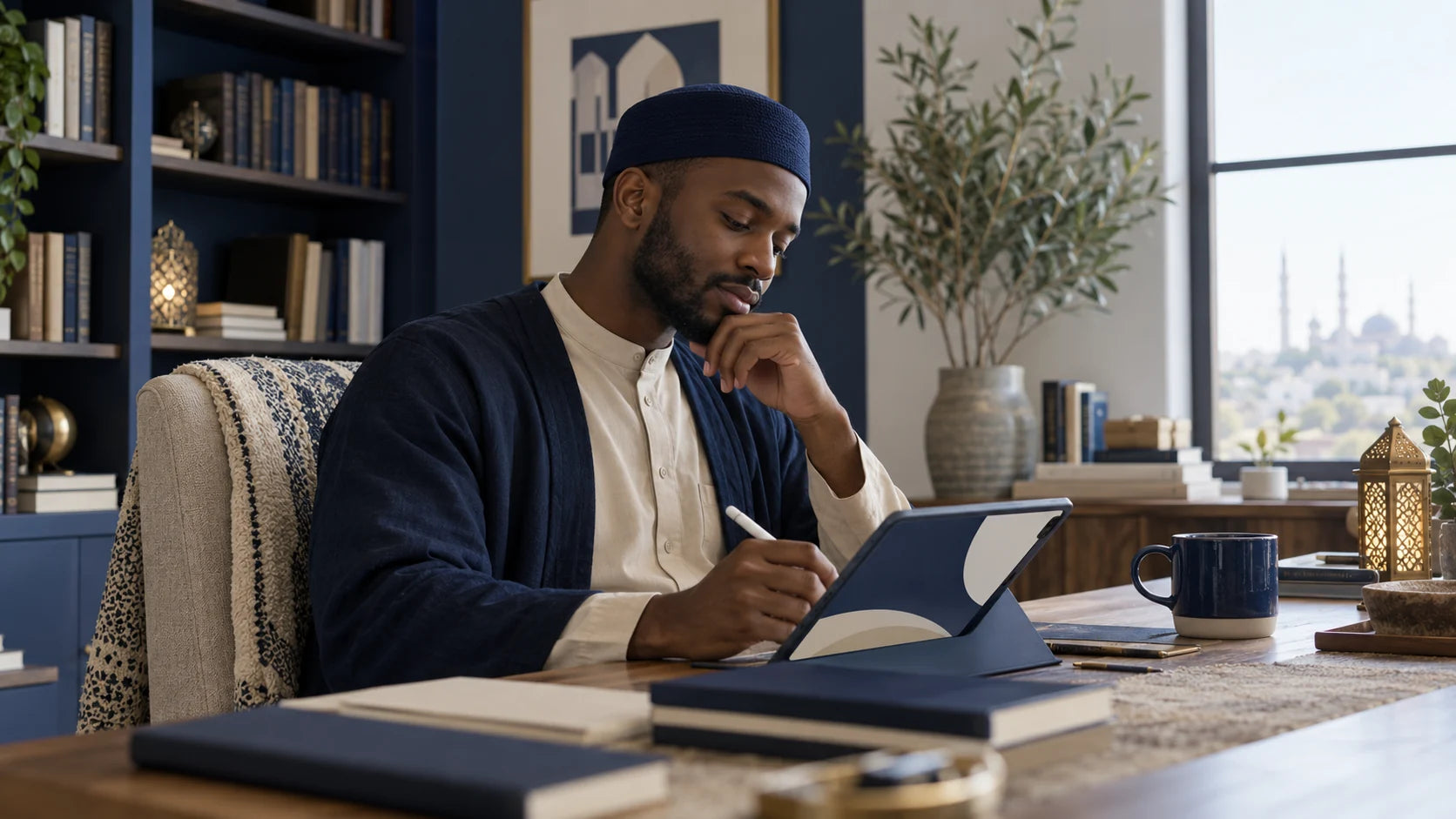 Muslim man reflecting with a digital journal