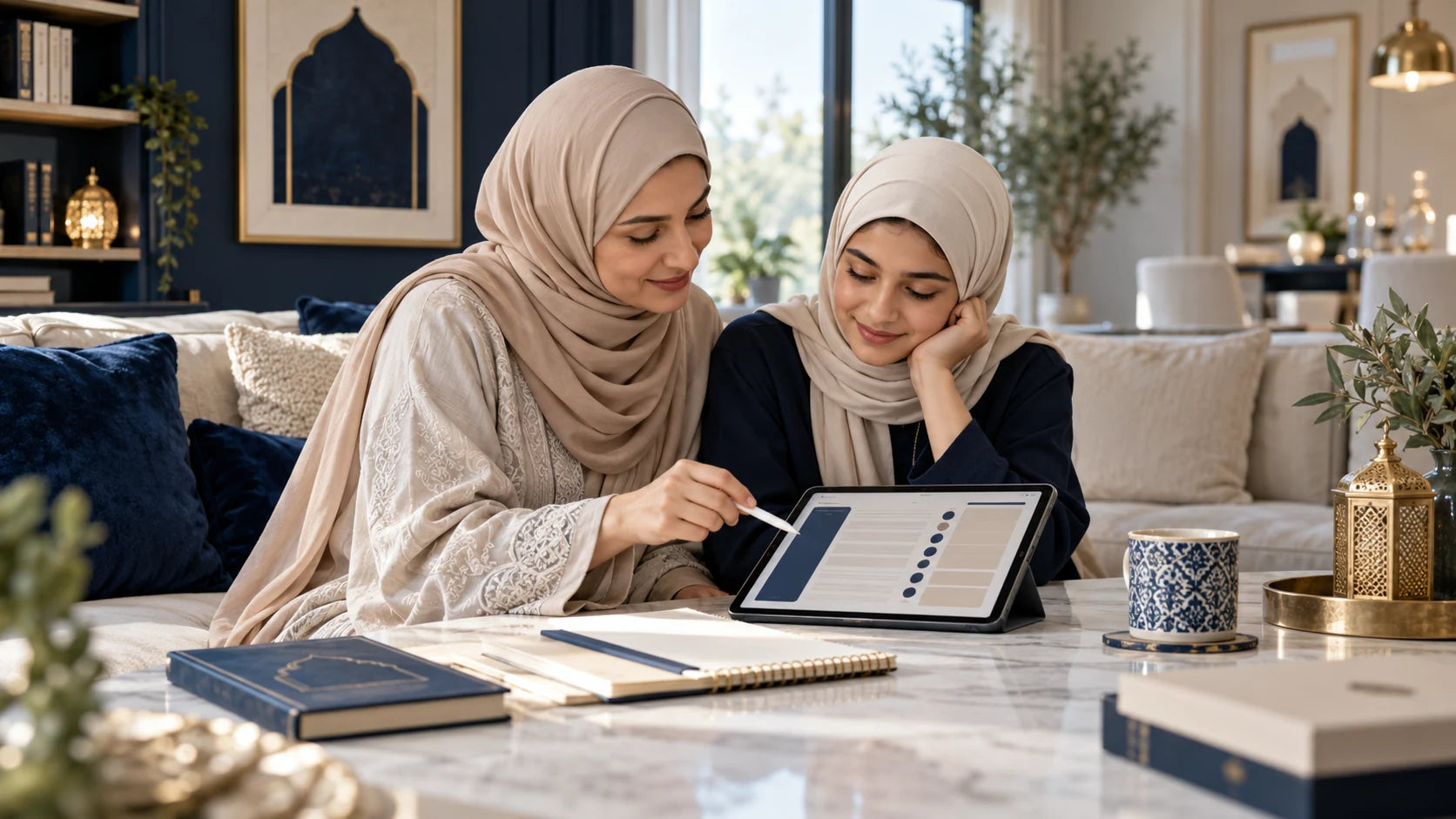 Arab mother and daughter studying with a digital planner